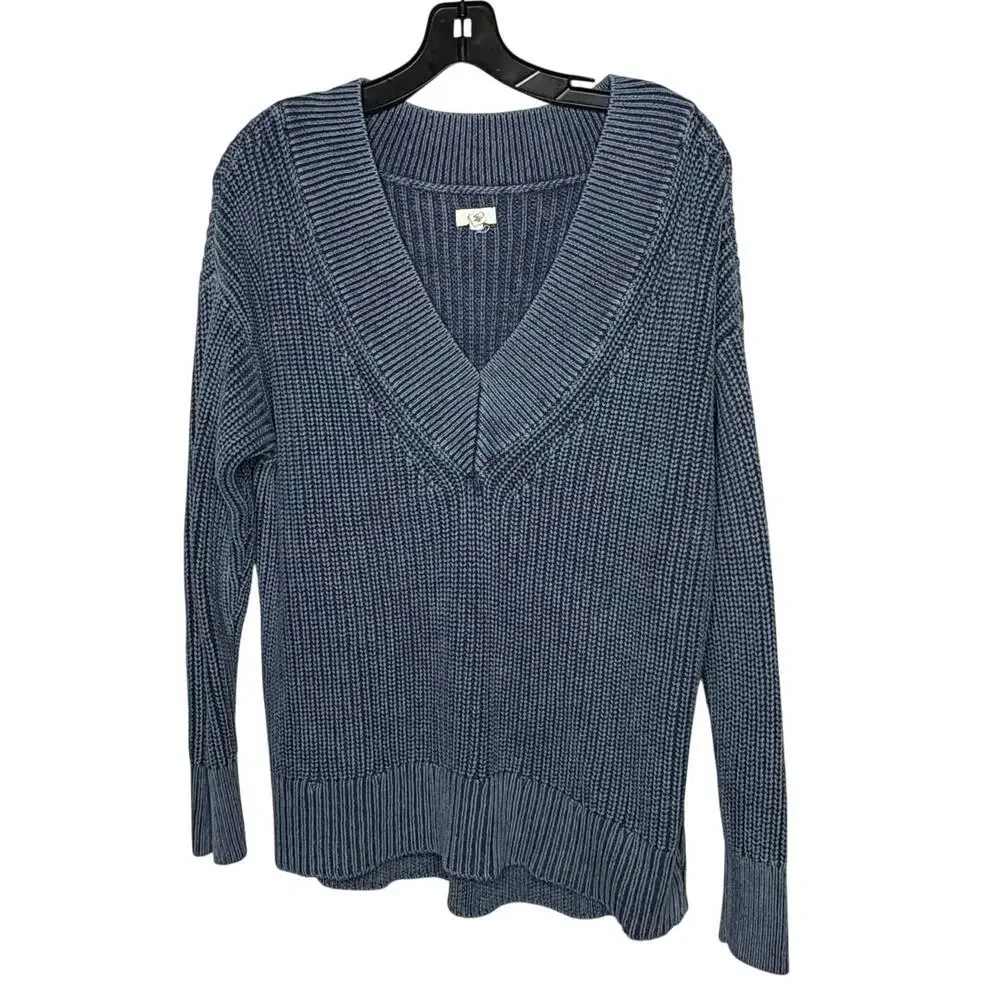 Aerie 100% Cotton Ribbed Blue Oversized Soft V Neckline Pullover Sweater Small